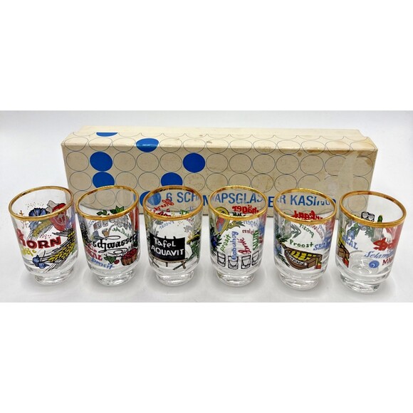 Vintage Ruhrglas Schnapsglaser Kasino Mit Dekor Schnapps Glasses Gold Rim 6 - Picture 1 of 16